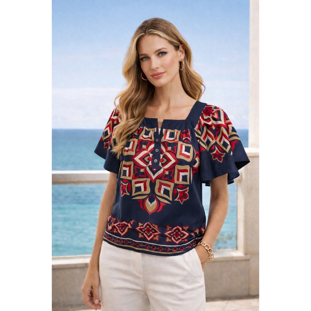 Michael Kors Silk Geometric Print Flutter Sleeve Square Neck Blouse Top‎ L